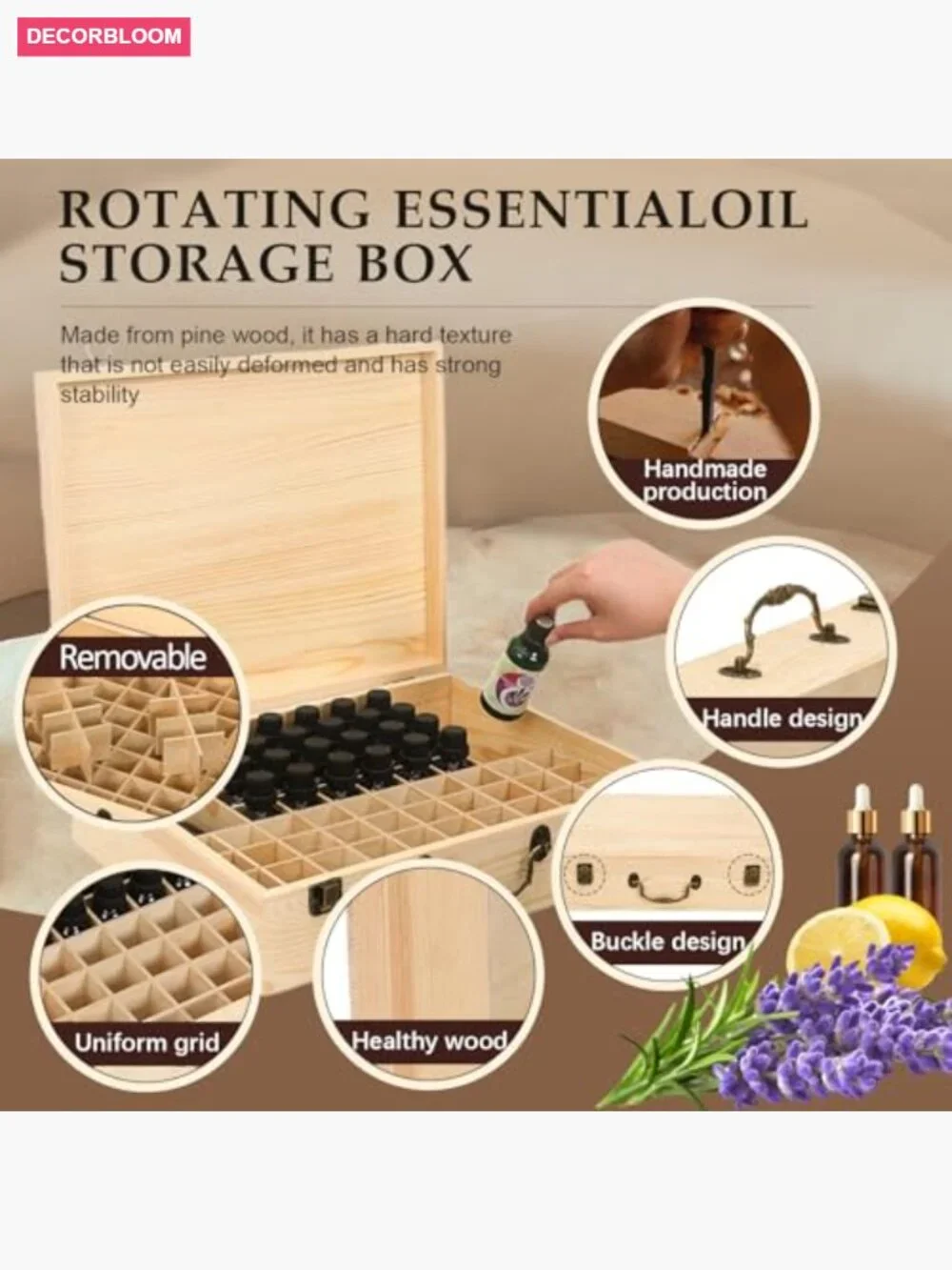 Wooden Essential Oil Storage Box Travel Case Holds 80 Bottles 5-15ml